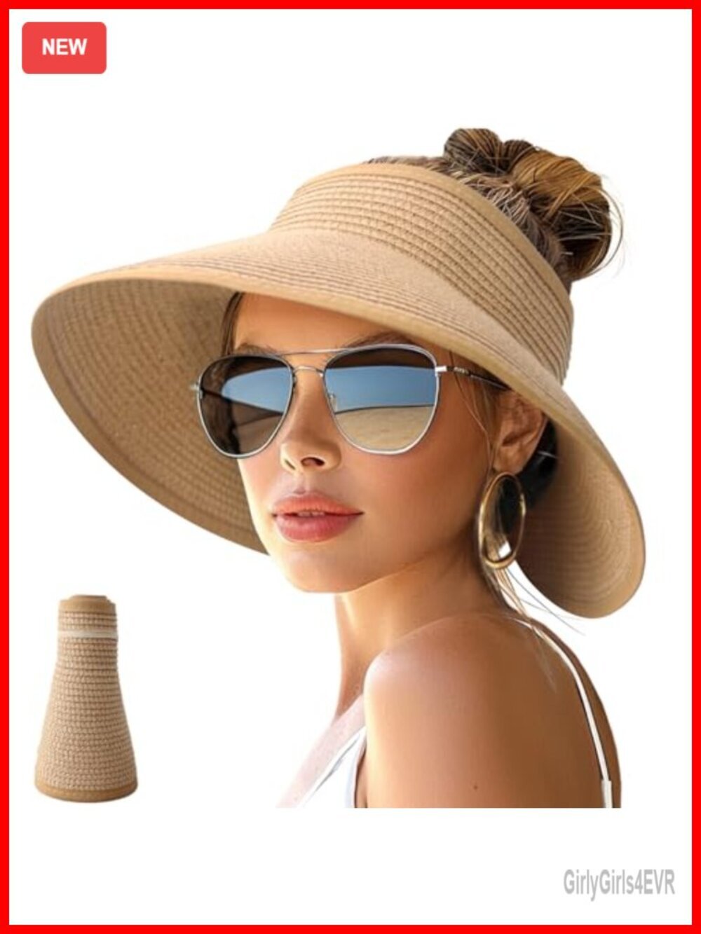 Wide Brim Roll-Up Beach Ponytail Sun Hat Foldable Travel Straw Visor